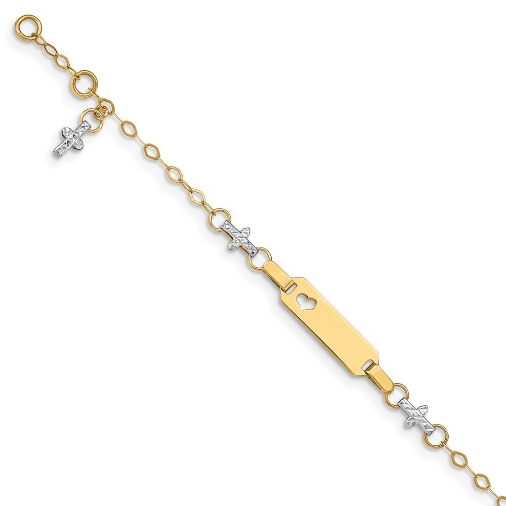 Kazi Luxury 14k Two-tone Baby Polished and Textured Cross w/1in ext. ID Bracelet